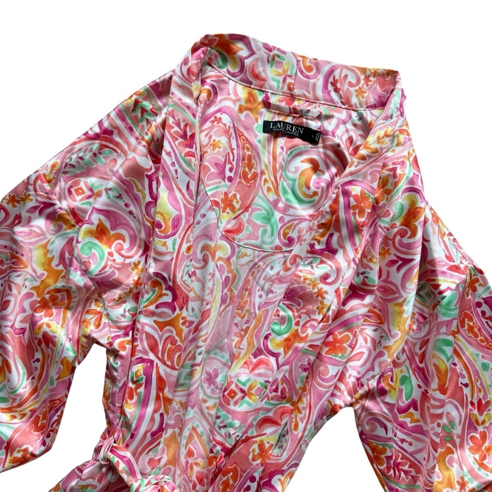 Lauren Ralph Lauren Pink Paisley Kimono Robe Belted Resort Cover Up Boho Satin L